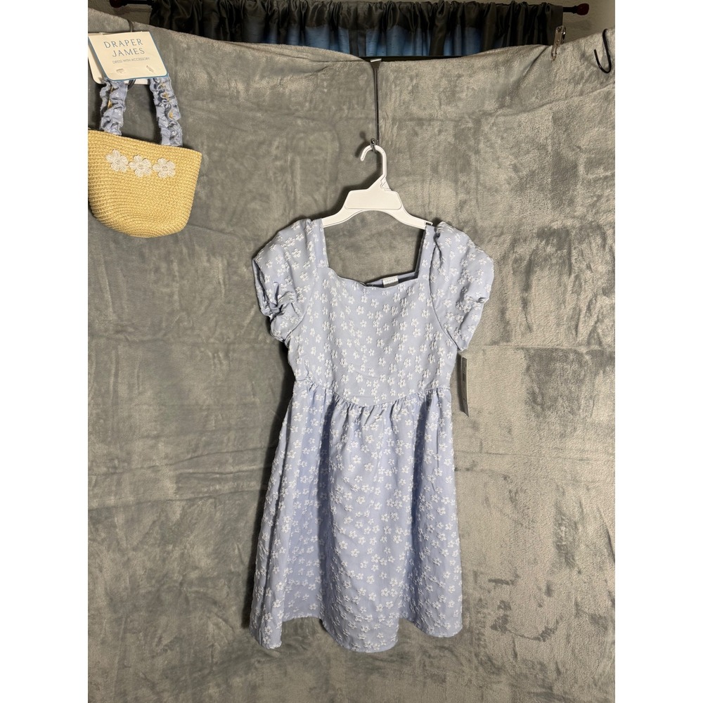 Draper James Girls Blue Floral Dress with Straw Purse Set Size 12 NWT New